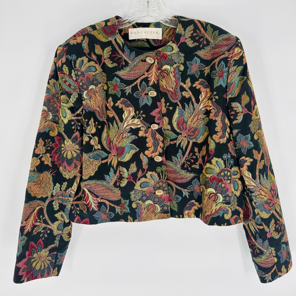 70s Floral Tapestry Doncaster Multicolor Woven Jacket Size 16 Waistcoat Art-Wear - Picture 1 of 4